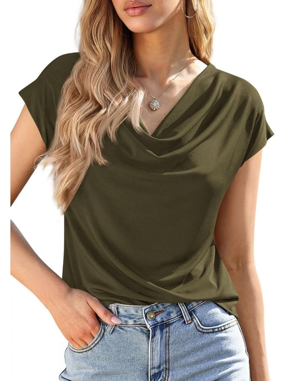 Women's Blouses Dressy Army Green Casual Summer Cowl Neck Short Sleeves Tops